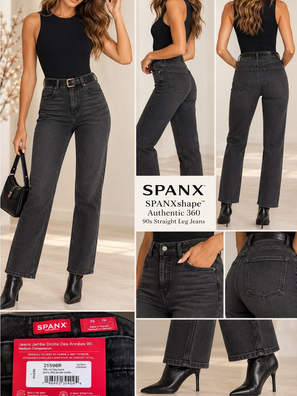 SPANXshape Authentic 360 90s Straight Leg Jeans Carbon Black XS NWT